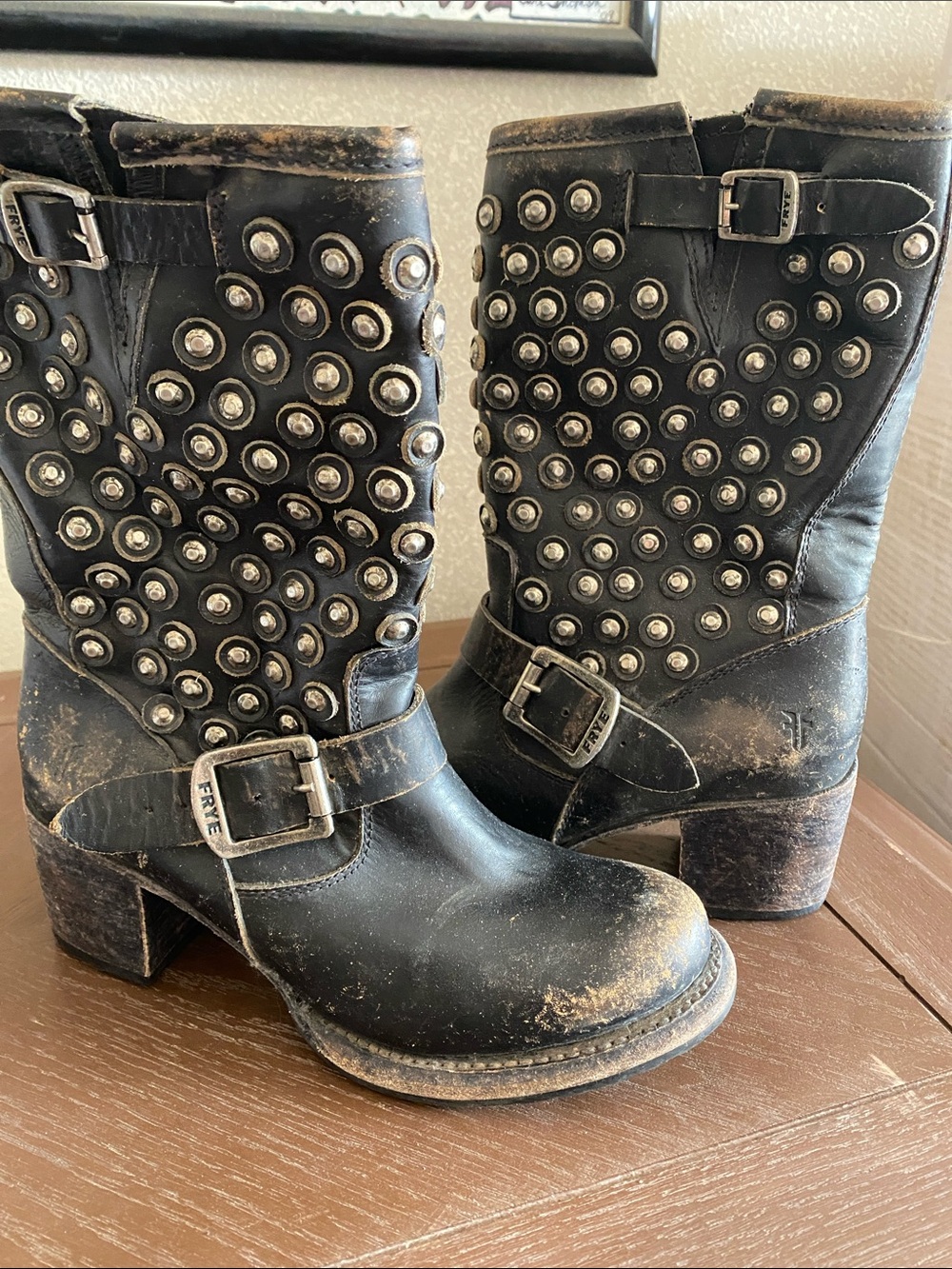 Black Studded Leather Mid-Calf Boots